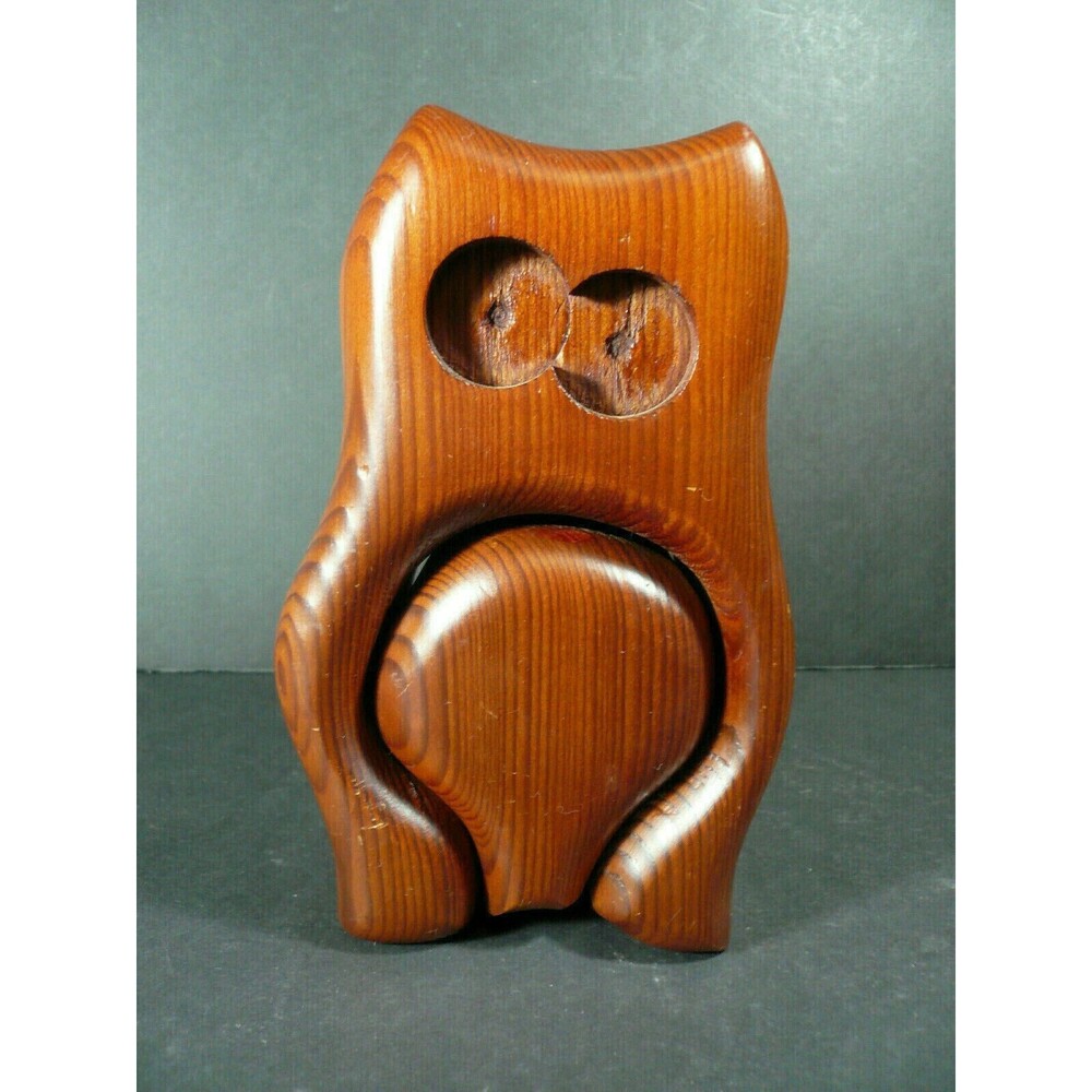 Vintage Handcrafted Native Redwood Owl Trinket Jewelry Box 6 1/2" Tall